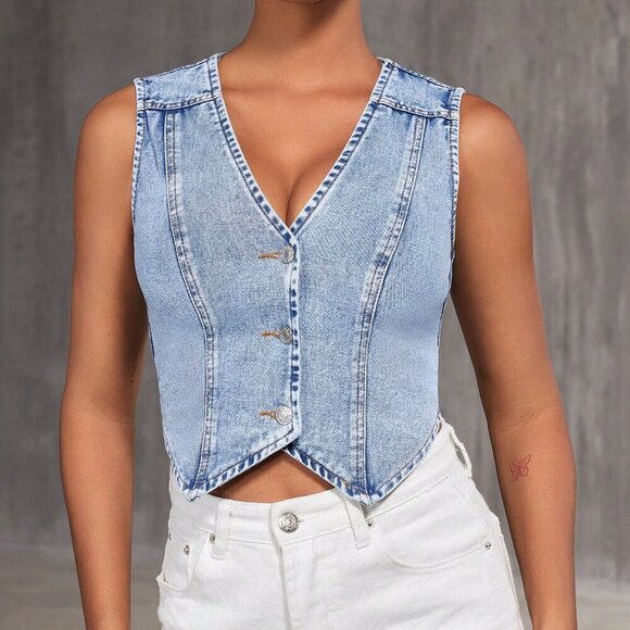 Blue Casual Women's Denim Vest Top - Picture 1 of 6